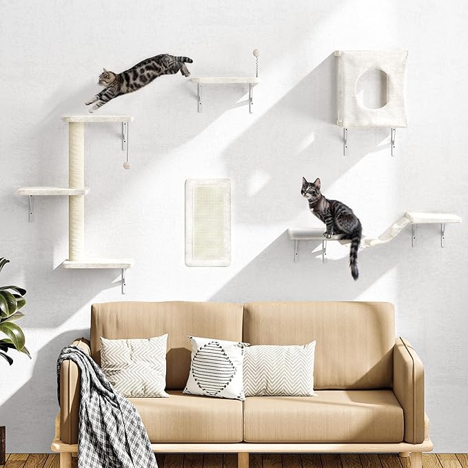 NUNU LAB Cat Wall Shelves Set, 5 Pcs Wall-Mounted Cat Climber with Condo House, Bridge Ladder, Scratching Post, Indoor Cat Furniture Set, Beige