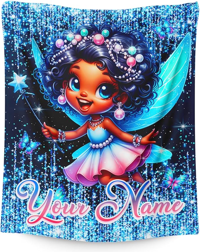 Blanket for Girls Personalized Fairy Throw Blankets Gift for Toddler Kids, 40x50 Inches Soft Cozy Cute Black Custom Throw for Sofa Couch Living Room Bed