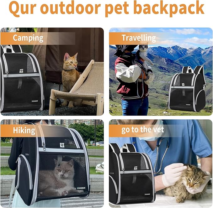 Cat Backpack Carrier Pet Backpack Carrier for Small Dogs and Medium cat Puppy Kitten Bunny up to 15lbs, Cat Carrying Backpack Collapsible with Fully Ventilated Mesh with Safety Leash (Black)