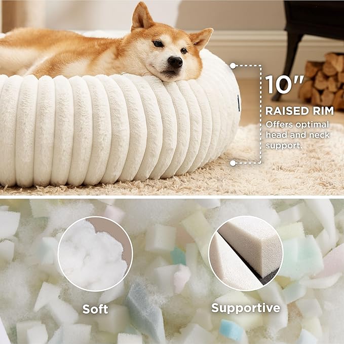 Bedsure Donut Large Dog Bed - Washable Faux Fur with Corduroy Fleece & Anti Slip Bottom, Round Pet Bed with Removable Cover, Cream, 36x36x8 inches