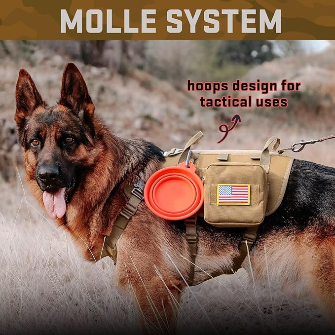 Forestpaw Tactical Dog Harness for Large Dogs,Tactical Dog Collar with Bungee Leash Set,No Pull Military Dog Harness for Walking Training,Adjustable for Medium Large Dogs,Khaki,Chest 21.5-45"