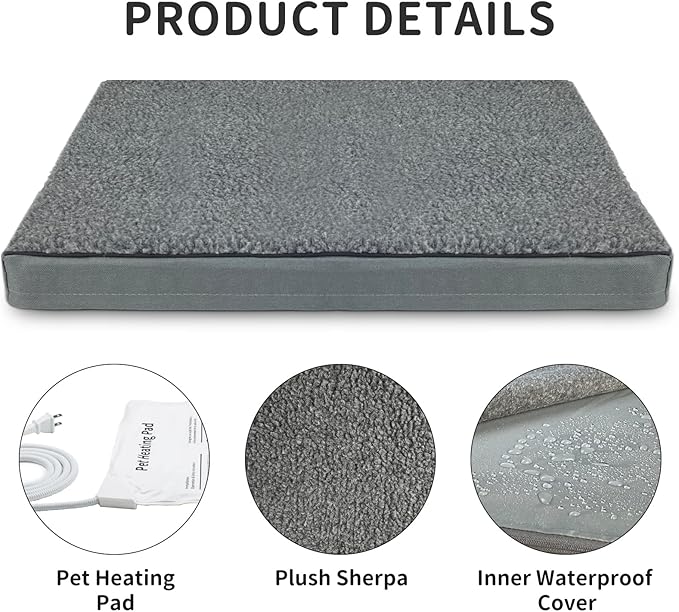 Heated Pet Beds for Indoor/Outdoor Cat & Dog Orthopedic Foam Warming Cat Beds Auto Temperature Control, Washable Cover with Waterproof Liner Thermo Kitty Electric Heating Bed