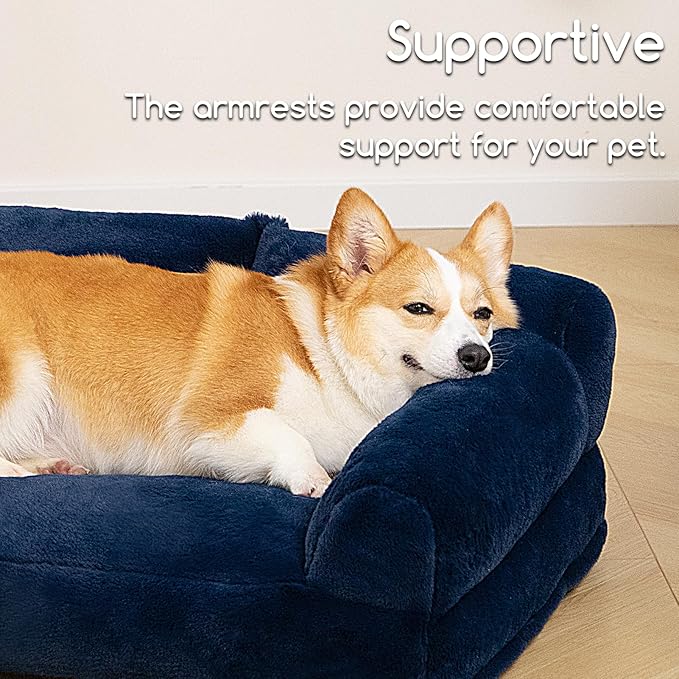 Hollypet Fluffy Plush Dog Cat Pet Couch Soft Calming Sofa Bed for Medium Small Cats and Dogs, Gray,28"x21"x10"