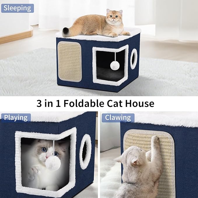 Shikha Cat Beds for Indoor Cats, Large Cat Cave with Cozy Condo, Fluffy Ball, Round Window, Foldable Indoor Cat House Hold Up to 30LBS, Cat Hideaway with Reversible Soft Cushions for All Seasons, Blue