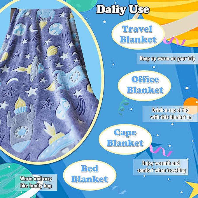 Best Gift Halloween Space Glow in The Dark Rocket Throw Blanket with Storage Bag, Soft Throw Blanket for Boys, Gifts for Christmas Birthday New Year, Kids Blanket, Day Care Home Use, 50"x60" Blue