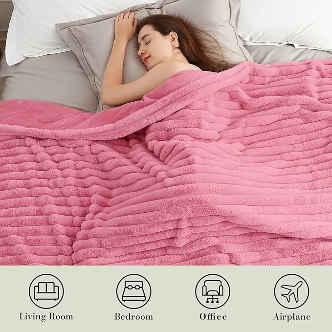Amélie Home Faux Fur Throw Blanket for Couch, Cozy Fuzzy Fluffy Fur Luxurious Soft Striped Plush Gift Blankets for Family Sofa Chair Bedroom, 55"x70", Pink
