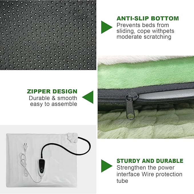 Heated Cat Bed Indoor Washable Bed Memory Foam Soft Dog Bed with Side Pillow, Smart Temperature Control Switch, Removable Cotton Sleeve Wash-Green (Green, 20 x 20 x 2 in)