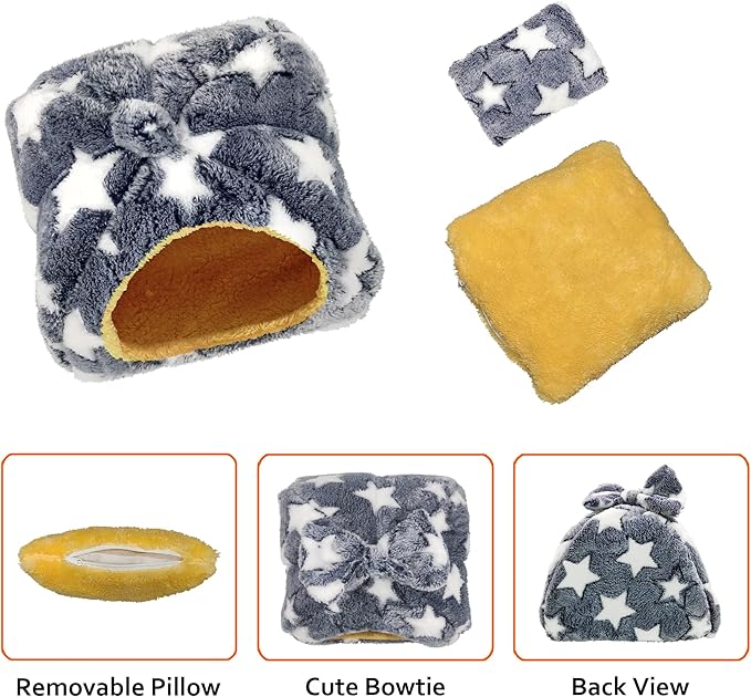 Guinea Pig Bed, Guinea Pig Hideout House Accessories Warm Bed for Small Animals Hamsters Chinchillas Dwarf Bunnies Hedgehogs. M, Grey Stars.
