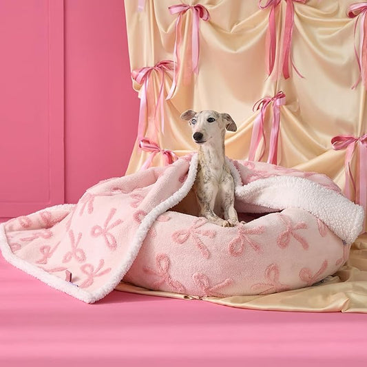 Lesure Waterproof Puppy Blanket for Medium Dogs - Washable Double Sided Dog Blankets with Warm Jacquard Shag and Soft Sherpa Fleece, Pet Cat Blanket for Couch Protection, Bow Design,Pink Taffy
