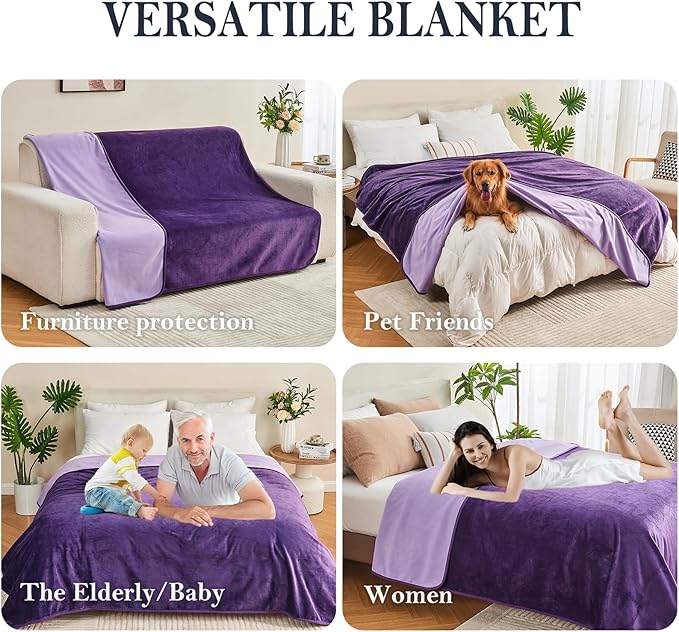 Waterproof Blanket 60"x80" for Adults, Reversible Waterproof Bed Cover for Dogs Cats Pets, Soft Leakproof Blanket for Bed Couch Sofa Furniture Protector, Dark Purple/Light Purple