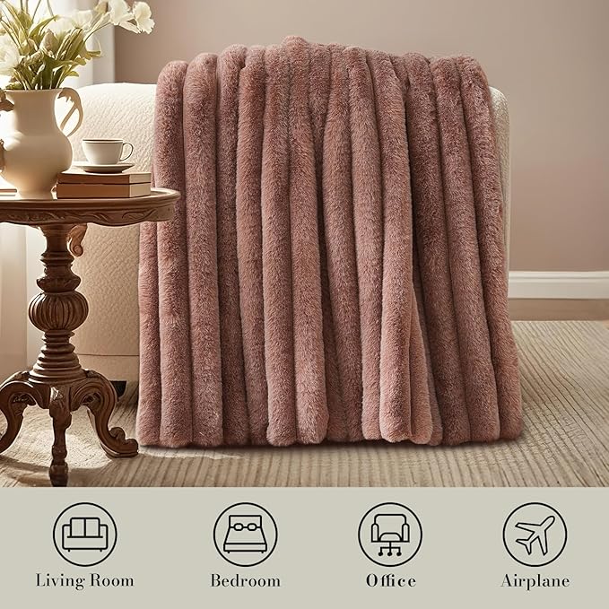 Amélie Home Faux Fur Throw Blanket for Couch, Ultra Cozy Fuzzy Fluffy Fur Luxurious Soft Striped Plush Gift Blankets for Family Sofa Chair Bedroom, 55"x70", Cationic Fox Brown