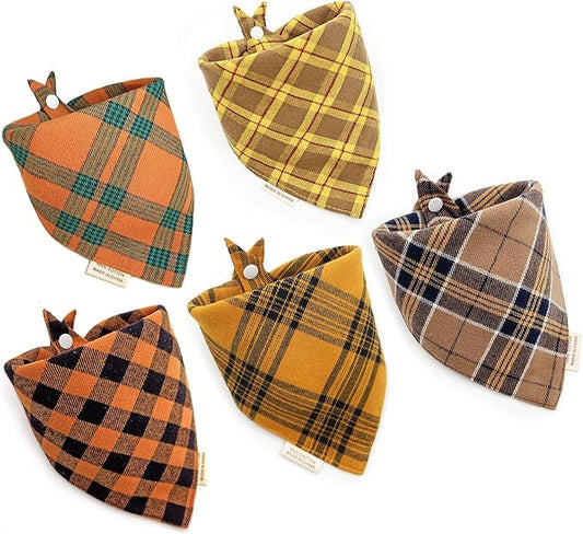 5PCS Dog Bandanas with Button - Thick Triangle Bibs Dual Layer Soft Cotton Scarves for Small Medium Boy Girl Puppy Cat Pet Baby Square Plaid Printing Washable Kerchief Halloween Costumes Outfits