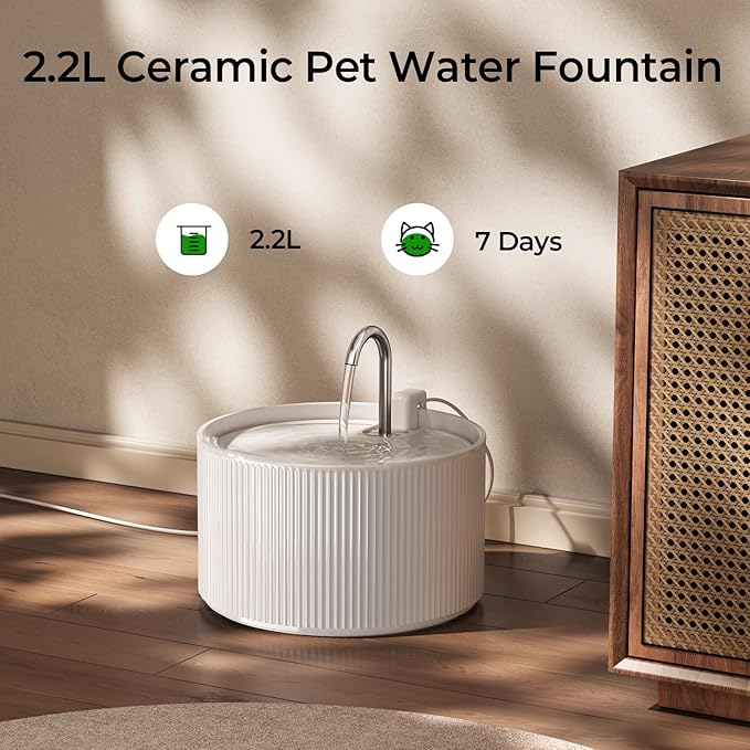 Ceramic Cat Water Fountain, 2.2L/74oz Cat Fountains for Drinking Indoor, Automatic Pet Water Dispenser with Ultra-Quiet Pump and Replacement Filter, Kitty Watering Supplies, Easy Clean BPA-Free