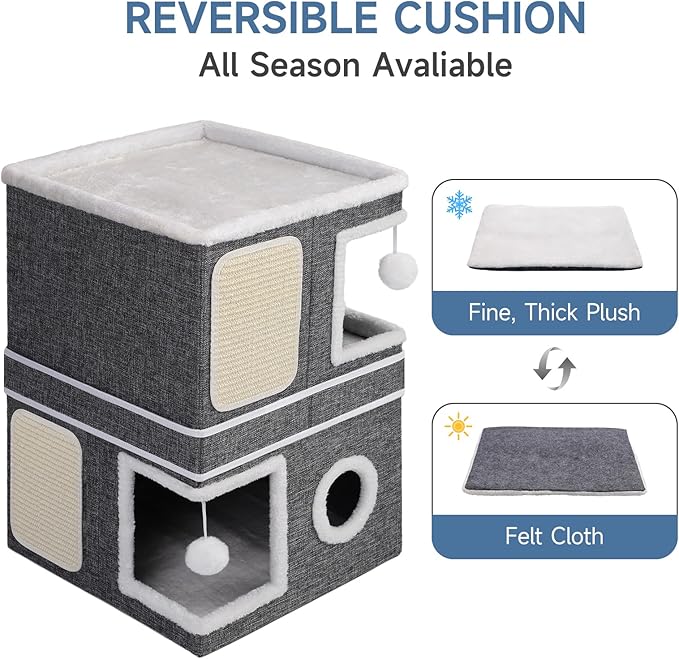Shikha 2-Storey Cat Houses for Indoor Cats, Dual-Purpose Double Large Cat Beds Cave with Hideaway Condos, Scratch Pads, Fluffy Balls, Foldable Indoor Cat Cube House for Multi Small Pets Kitten, Grey
