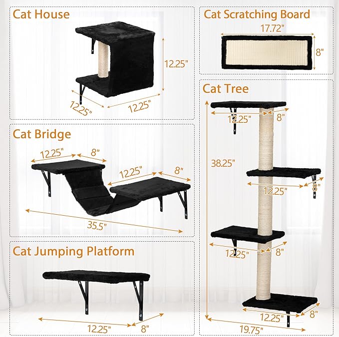 Cat Wall Shelves, Wall Mounted Cat Furniture, Cat Wall Cimber with Perches, Scratchers and Condo, Set of 5 (Black)
