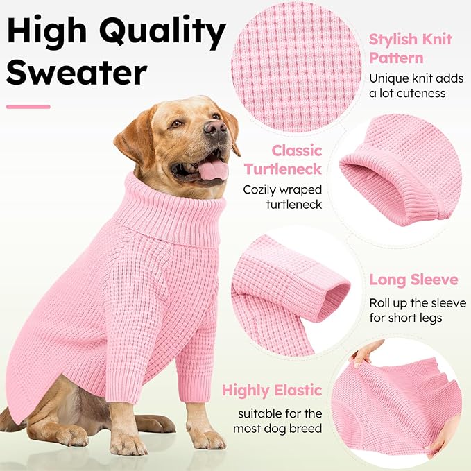 Queenmore Dog Sweaters for Large Dogs, Long Sleeve Warm Dog Sweaters, Turtleneck Knitted Pullover Pet Clothes, XL Dog KintSweater, Cat Knitwear, Pink XL