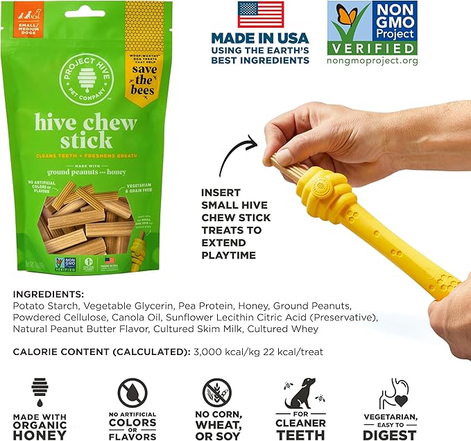 Hive Chew Stick Treats for Small Dogs Ñ Healthy, Non-GMO Project Verified, Natural Peanut Butter Flavored, Natural, Vegetarian Chews, Made in The USA (Chew Sticks, Small Breeds)