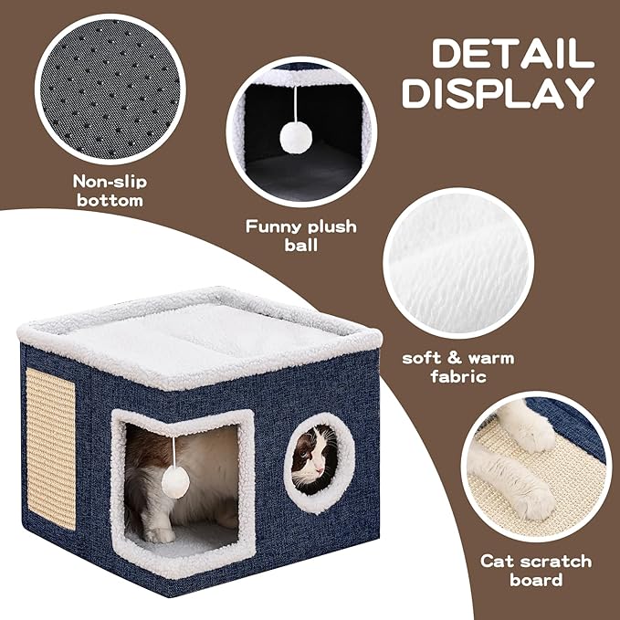Cat Beds for Indoor Cats, Large Cat Cave with Fluffy Ball and Scratch Pad, Foldable Cat Scratch House with Hideaway Condo for Kitten,16x16x13inch,Blue