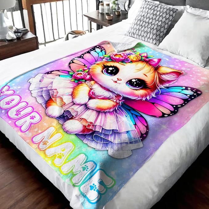 Personalized Cat Blanket for Girls Custom Throw for Kids Teens Cat Lovers - 60x80 Inches Soft Cozy Rainbow Print Throw Blankets for Sofa Couch Bed Travel Daughter Birthday Gift