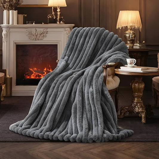 Amélie Home Faux Fur Throw Blanket for Couch, Ultra Cozy Fuzzy Fluffy Fur Luxurious Soft Striped Plush Gift Blankets for Family Sofa Chair Bedroom, 55"x70", Cationic Wolf Gray