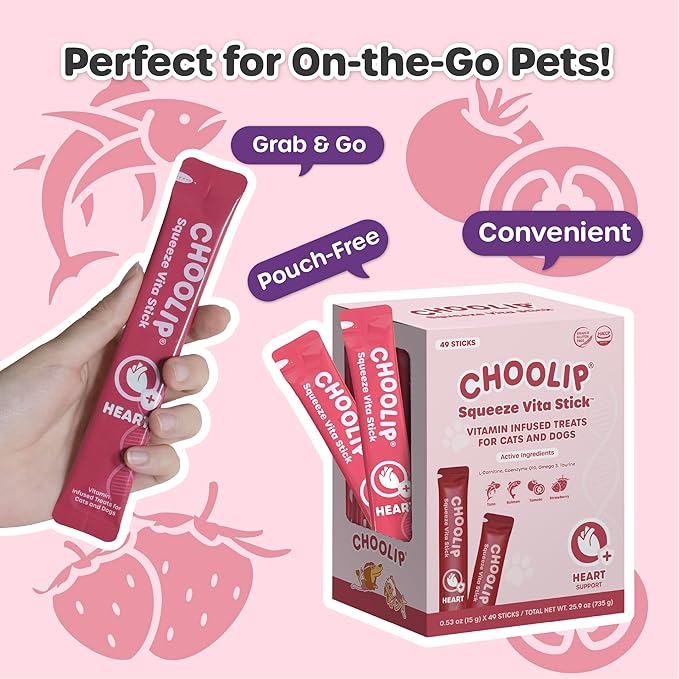Choolip Squeeze Vita Stick Lickable Cat and Dog Treats – 49-Count Heart Support Sticks with Multivitamins, Soft Squeezable Paste for All Life Stages, Supporting Heart Health
