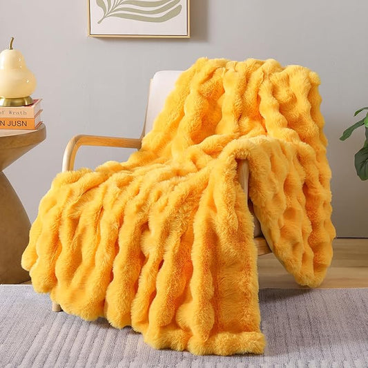 Smoofy Faux Fur Throw Blanket for Couch – Mustard Yellow Fluffy Cozy Rabbit Fleece, Plush Soft Bubble Blanket for Sofa & Bed, for Mom, Warm Fuzzy Home Room Decor Throw 60" x 80"