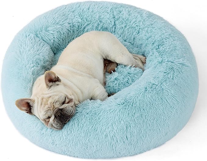 Bedsure Calming Dog Bed for Medium Dogs - Donut Washable Medium Pet Bed, 30 inches Anti-Slip Round Fluffy Plush Faux Fur Cat Bed, Fits up to 45 lbs Pets, Aqua Blue