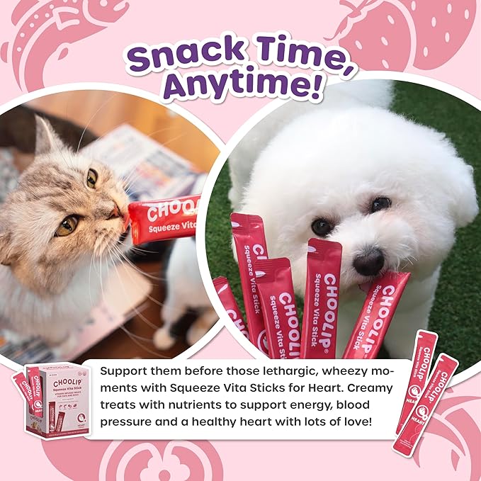Choolip Squeeze Vita Stick Lickable Cat and Dog Treats – 49-Count Heart Support Sticks with Multivitamins, Soft Squeezable Paste for All Life Stages, Supporting Heart Health