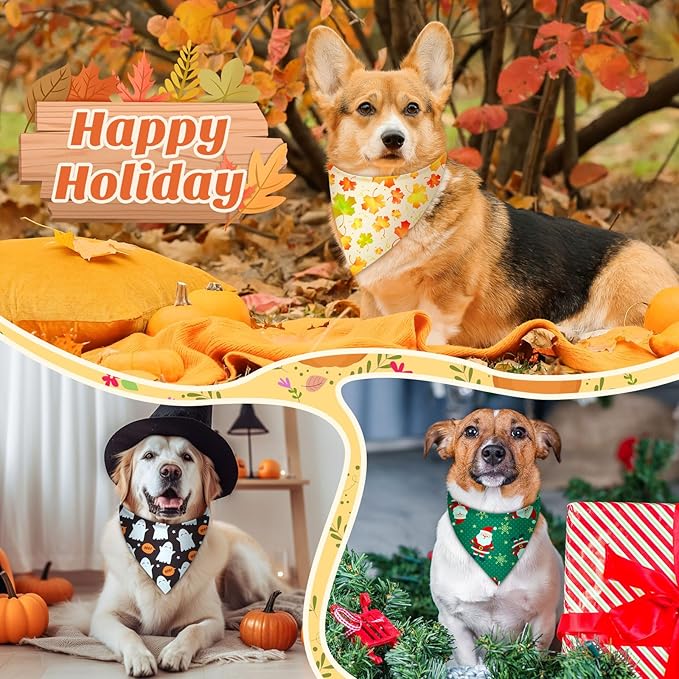 Weewooday 50 Pcs Holiday Dog Bandanas Bulk Dog Bandanas for Fall Autumn Halloween Christmas Soft Bibs Adjustable Triangle Bandana for Small Medium Large Costume (25.6 x 17.7 x 17.7 Inch)
