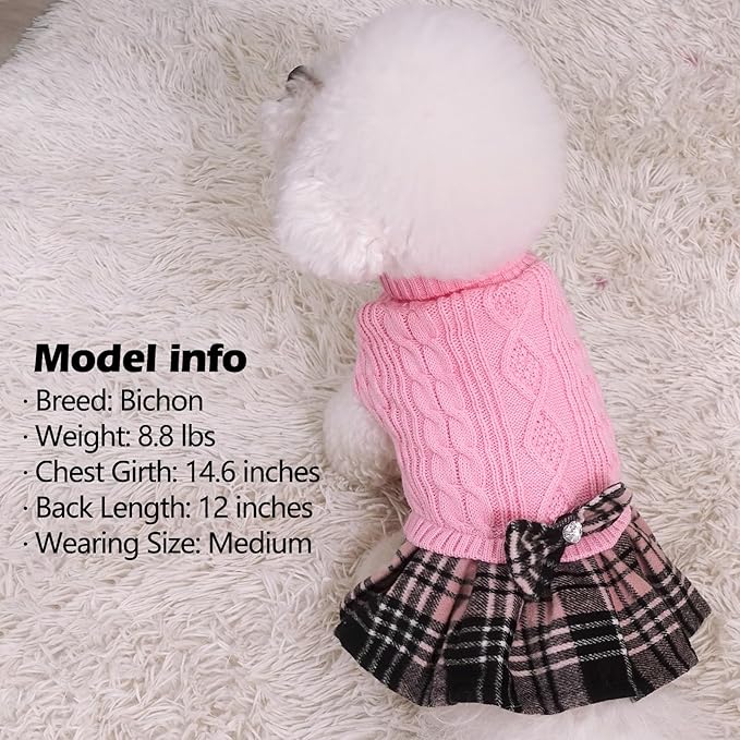 KYEESE Dog Sweater Soft Turtleneck Pet Sweater Dress Warm Pullover Pet Coats Thick Dogs Clothes with Bowtie Comfy Knitwear Dog Sweaters for Small Dogs Girl Stretchy Cat Sweaters, Pink, Medium