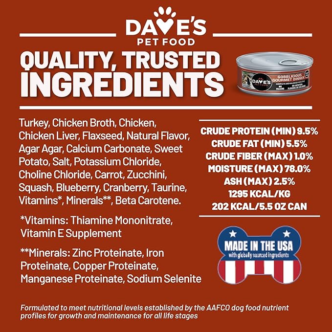 Dave's Pet Food Grain Free Wet Canned Cat Food Pate (Gobblicious Gourmet), Made in USA Naturally Healthy, Added Vitamins & Minerals, 5.5 oz Cans (24 Pack)