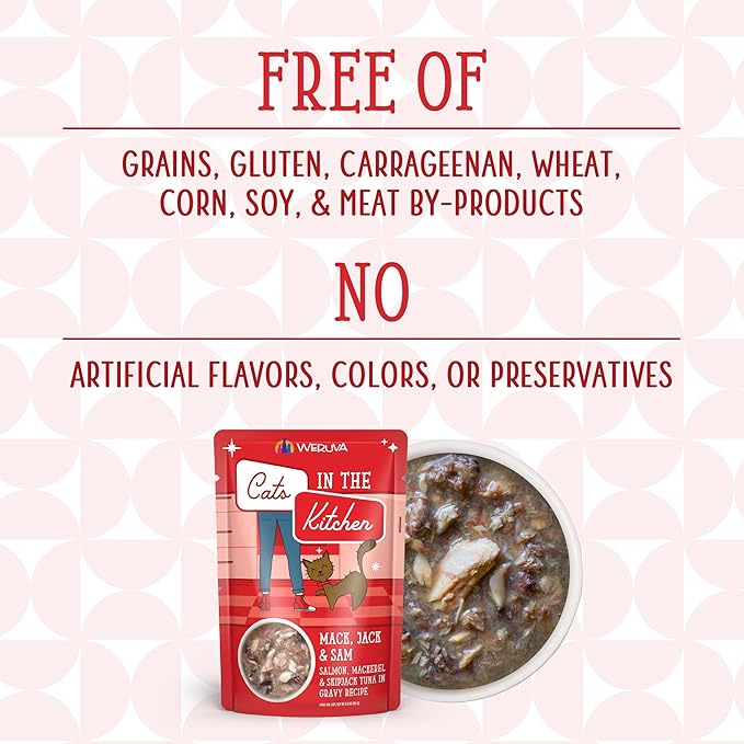 Weruva Cats in The Kitchen Mack, Jack & Sam with Mackerel, Skipjack & Salmon in Gravy Cat Food, 3oz Pouch (Pack of 12)