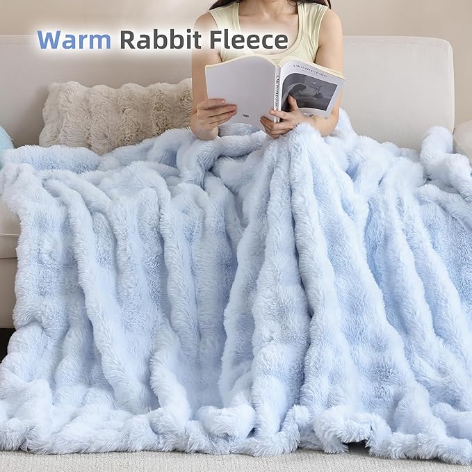 Smoofy Faux Fur Throw Blanket for Couch Rabbit Fleece - Light Blue Fluffy Blanket for Sofa Bedroom Living Room, Cozy Soft Plush Luxury Thick Winter Fuzzy Comfy Bubble Blanket - 60" x 80"