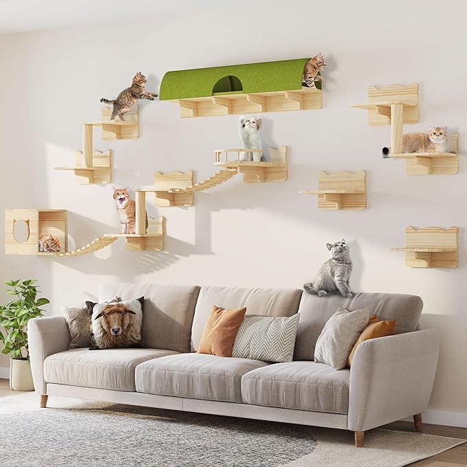Wooden Cat Wall Shelves, Cat Wall Furniture Solid Wood Feline Shelf, 16 Piece Feline Shelves and Perches with Condos, House, Steps, Bridge Ladder, Scratching Post and Tunnel