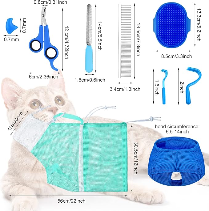 9 Pcs Cat Bathing Bag Set Cat Shower Bag Anti Bite and Scratch for Pet Grooming Washing Brush Comb Muzzle Nail Clipper Nail File Tick Tool(Blue, Turquoise)