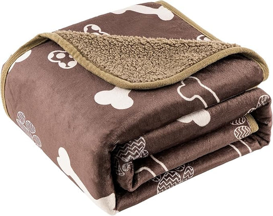Waterproof Dog Blankets Pet Blanket 50"x60", Soft Fluffy Sofa Car Bed Protector, Reversible Sherpa Fleece Dog Blanket for Large Dogs (Chocolate Brown-Bones)