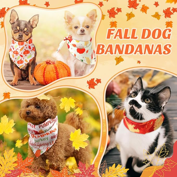 Chunful 60 Pcs Fall Bandanas for Dogs Autumn Maple Leaf Pumpkin Patterns Soft Bibs Adjustable Triangle Doggie Scarf for Small Medium Large Pet Costume(25.6 x 17.7 x 17.7 Inch)