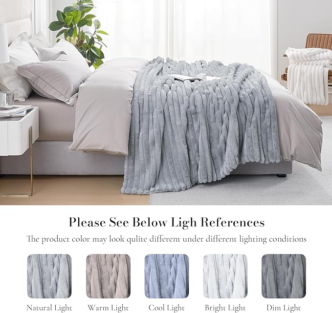 Amélie Home Faux Fur Throw Blanket for Couch, Cozy Fuzzy Fluffy Fur Luxurious Soft Striped Plush Gift Blankets for Family Sofa Chair, 60"x80", Light Grey