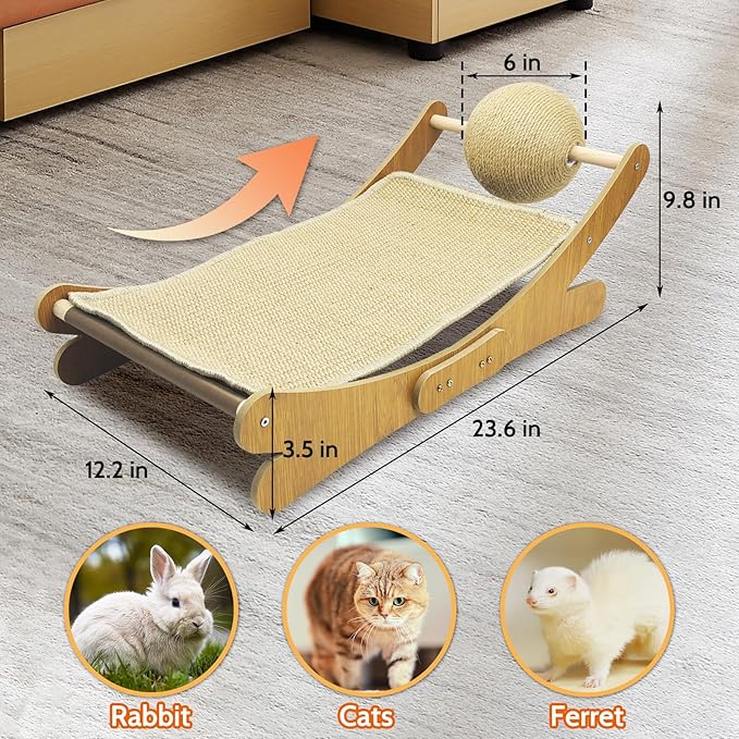 Fhiny Rabbit Scratch Toy, Natural Sisal Bunny Scratching Ball with Sisal Pad Scratcher Bed Hammock Bunny Claw Interactive Toys Mini Beach Chair Nail Scratching Post Mat Lounge for Indoor Kitten Ferret