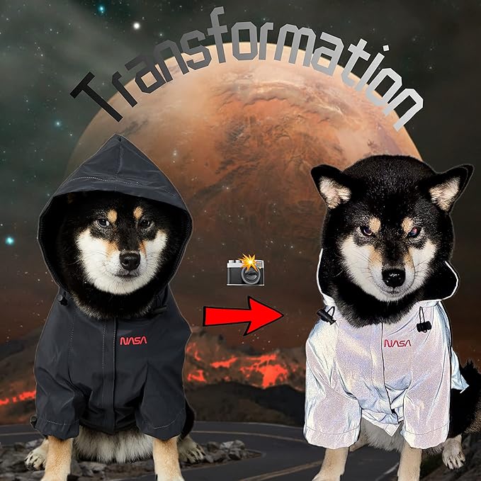 ChoChoCho NASA Dog Raincoat, Reflective Water Proof Rain Jacket, Costume, Clothes, Pet Stylish Streetwear Outfit for Cat Puppy Small Medium Large (Black, 2XL)