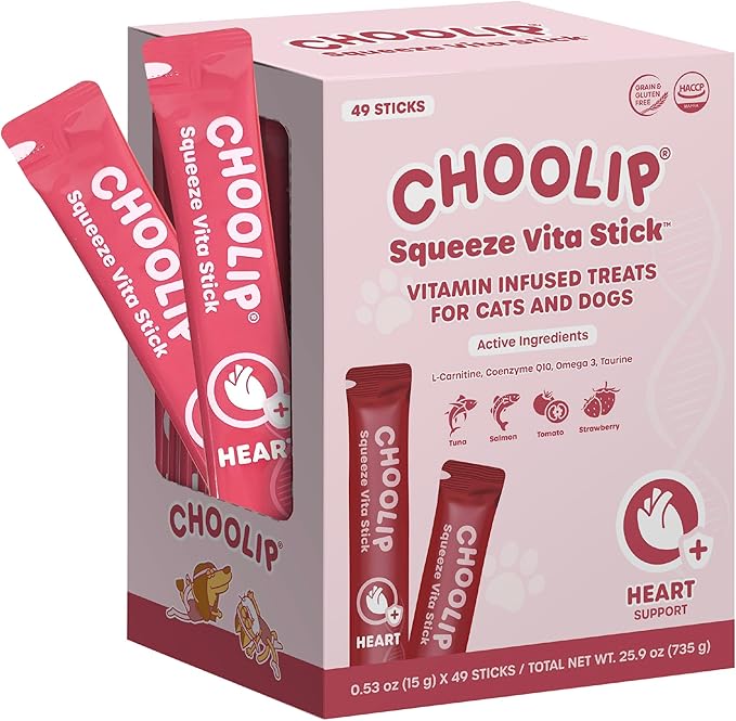 Choolip Squeeze Vita Stick Lickable Cat and Dog Treats – 49-Count Heart Support Sticks with Multivitamins, Soft Squeezable Paste for All Life Stages, Supporting Heart Health