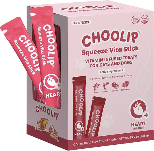 Choolip Squeeze Vita Stick Lickable Cat and Dog Treats – 49-Count Heart Support Sticks with Multivitamins, Soft Squeezable Paste for All Life Stages, Supporting Heart Health