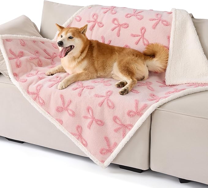 Lesure Waterproof Puppy Blanket for Large Dogs - Washable Double Sided Dog Blankets with Warm Jacquard Shag and Soft Sherpa Fleece, Pet Cat Blanket for Couch Protection, Bow Design,Pink Taffy