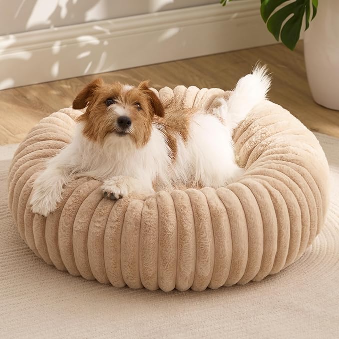 Bedsure Donut Small Dog Bed - Dog Beds for Small Dogs with Corduroy Fleece & Anti Slip Bottom, Round Faux Fur Pet Beds with Washable Removable Cover, Sandy Beige, 27x27x8 inches