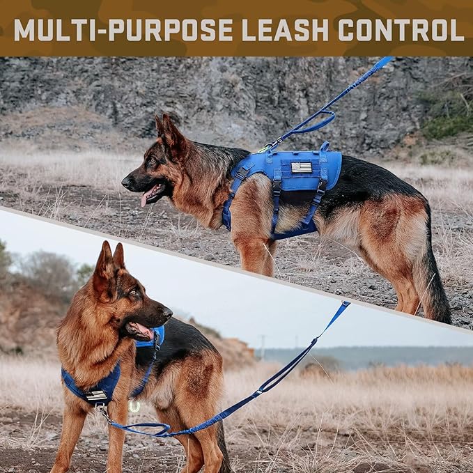 Forestpaw Tactical Dog Harness for Large Dogs,Tactical Dog Collar with Bungee Leash Set,No Pull Military Dog Harness for Walking Training,Adjustable for Medium Large Dogs,Blue,Chest 19.5-41.5"