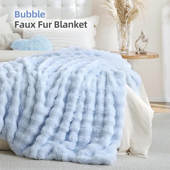 Smoofy Faux Fur Throw Blanket for Couch Rabbit Fleece - Light Blue Fluffy Blanket for Sofa Bedroom Living Room, Cozy Soft Plush Luxury Thick Winter Fuzzy Comfy Bubble Blanket - 50" x 60"