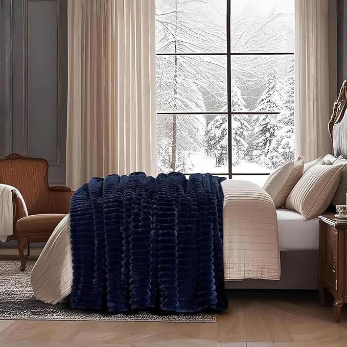 Amélie Home Faux Fur Throw Blanket for Couch, Cozy Fuzzy Fluffy Fur Luxurious Soft Striped Plush Gift Blankets for Family Sofa Chair Bedroom, 55"x70", Navy Blue