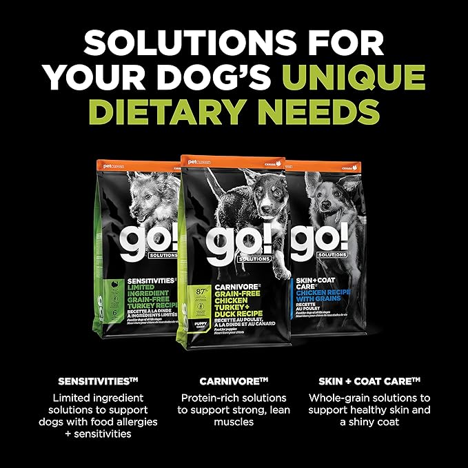 Go! Solutions Carnivore, Grain-Free, Protein Rich Dry Dog Food, Chicken, Turkey and Duck Puppy Recipe, Small Kibble, 12 lb Bag