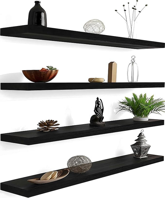 48 Inch Black Wood Floating Shelves for Wall Rustic Wall Shelf for Bedroom Living Room Set of 4