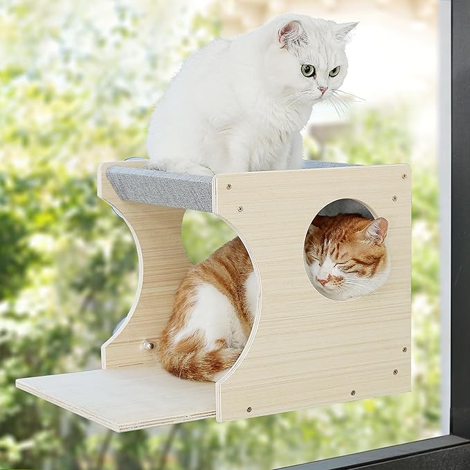 Window Cat Perch Shelves for Inside, Sturdy Wood Climbing Seat Mounted with Heavy Duty Suction Cups, Corner Window Bed for Overlooking and Sleeping(Left)